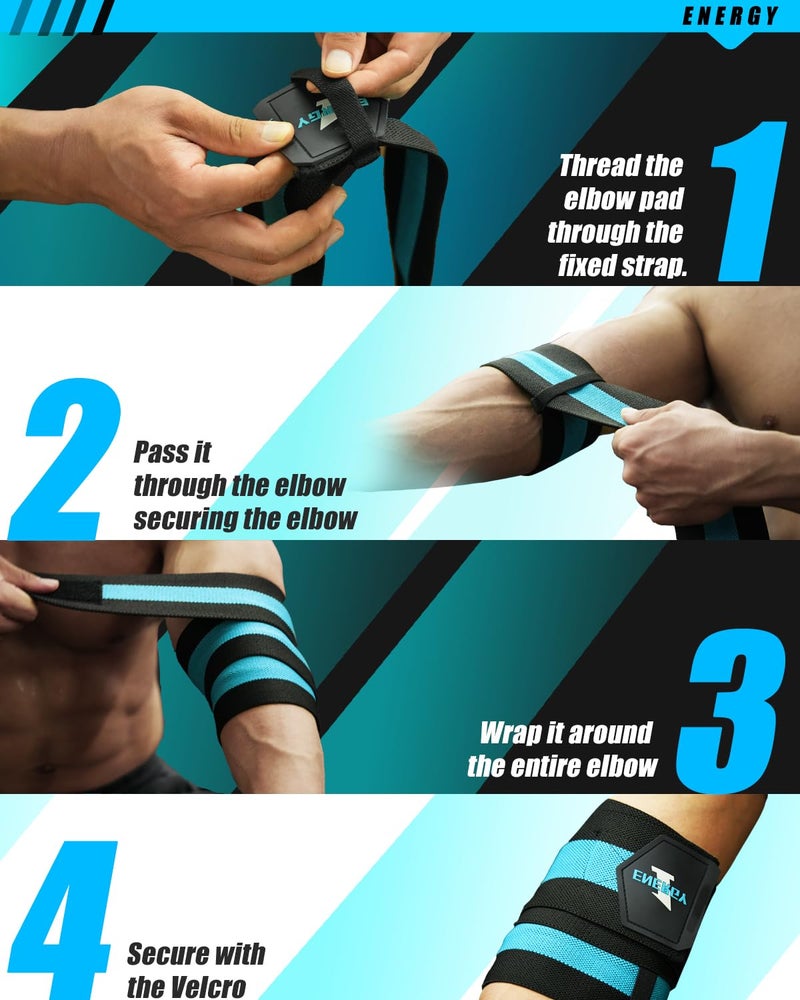 kcross Elbow Wraps for Weightlifting, 47" Strengthening support Elbow Sleeve Weightlifting (1 Pair) for Powerlifting, Bench Press, Gym Workout (Blue) - Image 5